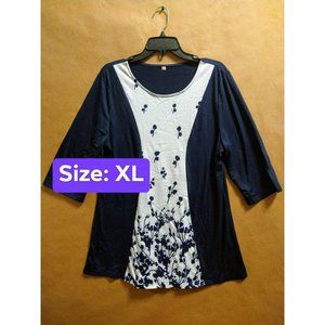 Flower Blossoms Navy Lightweight Blouse Size XL